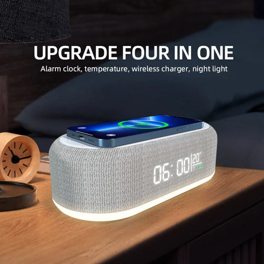 Wireless Charger Alarm Clock Time LED Light Thermometer Earphone Phone Charger 15W Fast Charging Dock Station for Iphone Samsung